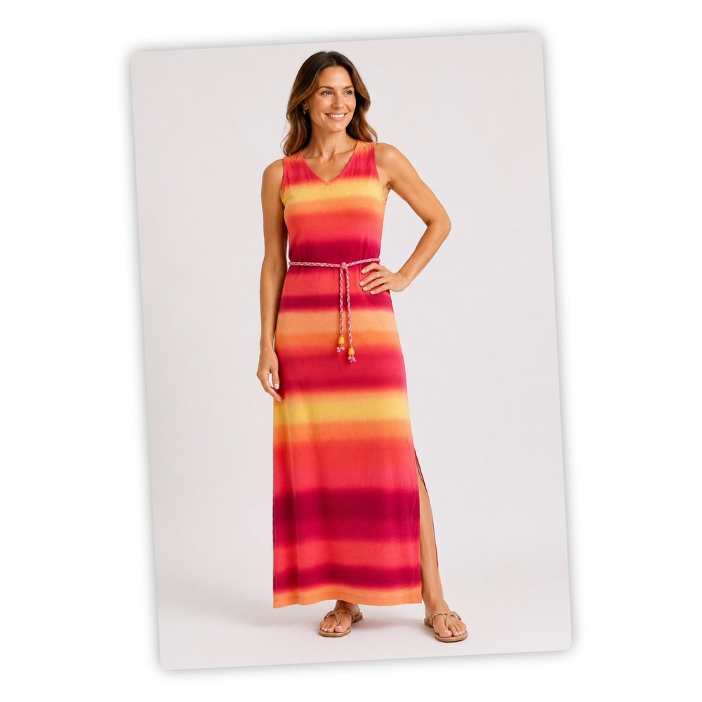 Chicos Maxi Dress Womens 0 Pink Orange Stripe Sleeveless Tie Waist Boho